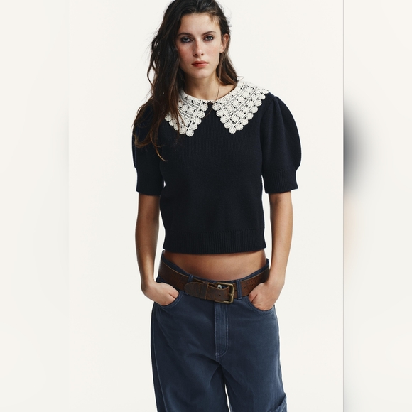 New Zara Short Sleeve Crochet Knit Jumper 2142/220 - Picture 3 of 9